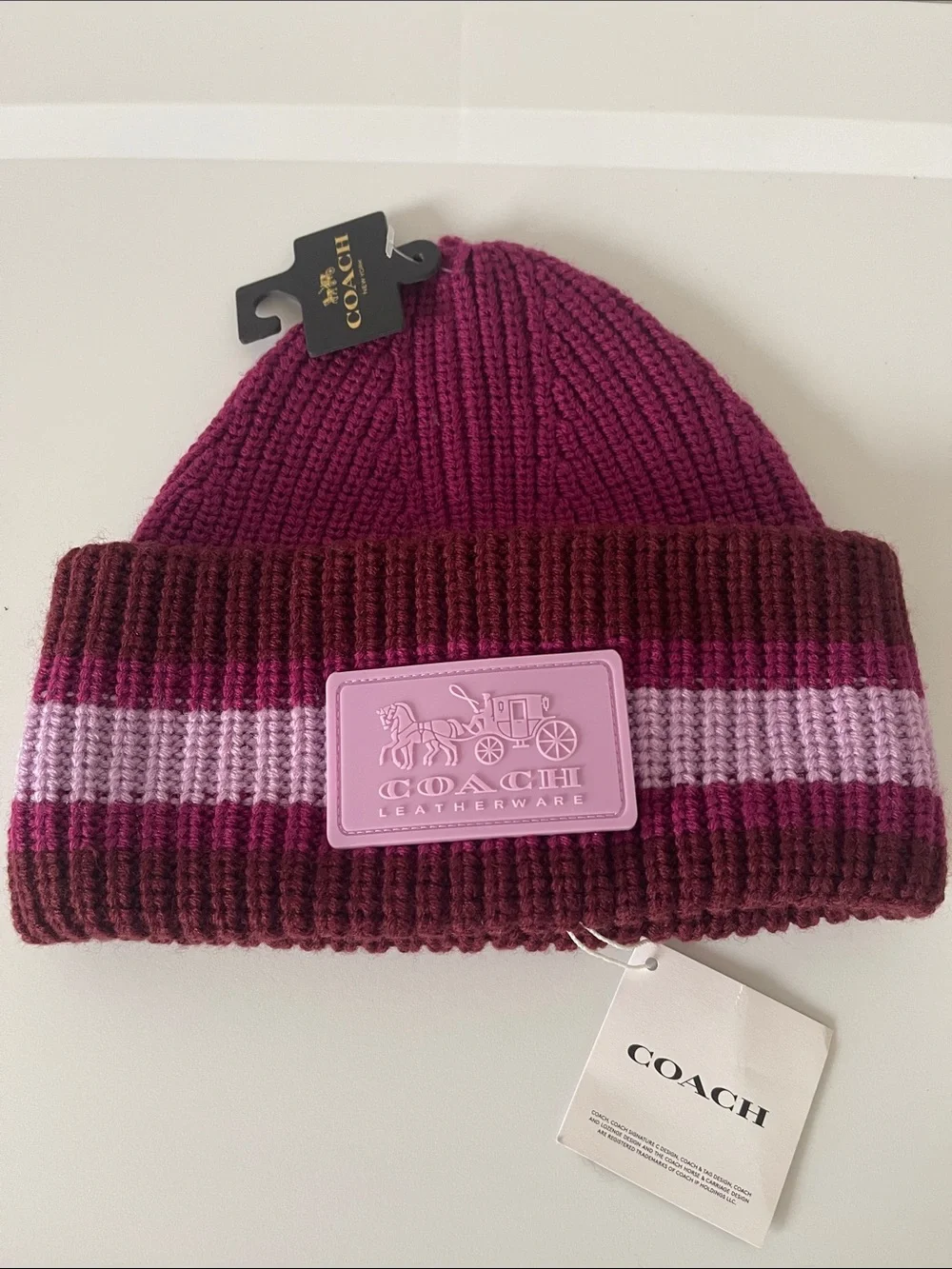Coach Striped Rib-Knit Beanie in Berry and Mauve